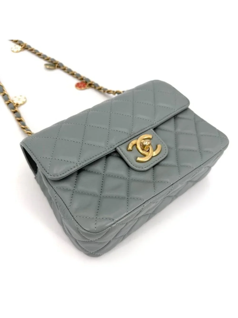 Chanel Shoulder Bag Quilted CC Logo Charm Lambskin Green Gold